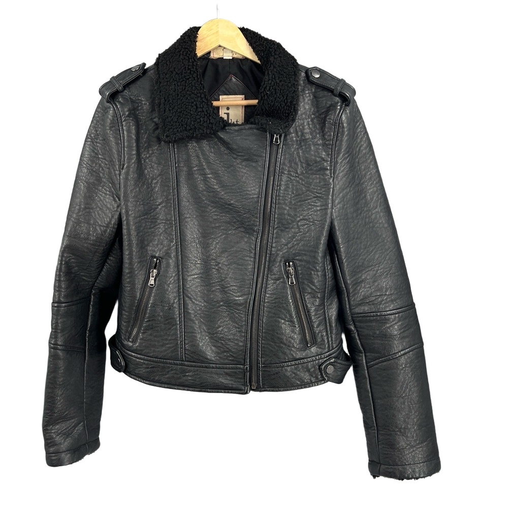JKT Vegan Black Faux Leather Moto Biker Jacket‎ Shearling Collar Women’s M
